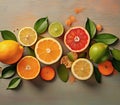 Colorful Citrus Medley Halved Oranges and Fresh Foliage