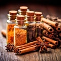 cinnamon, star anise, coriander, and anise, beautifully presented in glass bottles