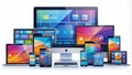 50 Clean Line Illustrations of Modern Technology Monitors Smartphones Tablets and Laptops for Seamless Digital Design Royalty Free Stock Photo