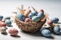 Elevate your Easter decor with a basket filled with an array of colorful eggs. Generative AI.