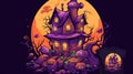 Cute Haunted House Cartoon T-Shirt Design with Pumpkins in Purple, Orange, and Green. Royalty Free Stock Photo