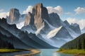 A painting of a mountain lake surrounded by snow capped mountains Wallpaper