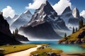A painting of a mountain lake surrounded by snow capped mountains Wallpaper