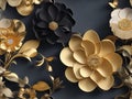 Elevate Your Space with a 3D Mural Wallpaper Featuring Golden and Black Flowers and Leaves. Royalty Free Stock Photo