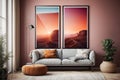 Interior poster mock up with two metal vertical frames on the wall in scandinavian style livingroom. 3d rendering.