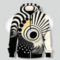 Black and white sweatshirt with circular shapes and details pigmented in yellow
