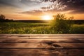 Elevate your summer and spring marketing with this stunning sunset landscape on a wooden table with copy space, AI generated