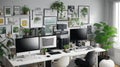 Patterned posters above desk with computer monitor in grey home office interior with plants