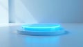 Elevated circular platform with glowing blue accent light in a minimalist setting. Generative AI Royalty Free Stock Photo