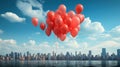 Elevated Dreams: Red Balloons Soaring Above the Blurry Urban Skyline Royalty Free Stock Photo