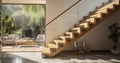 Elevated Elegance - Contemporary interior wooden stair in home at living room. Generative AI