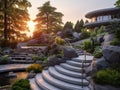Elevated elegance: stone terraces and modern railings meet nature\'s cascade