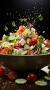 Elevated Greek salad bowl hovers against studio backdrop, fresh ingredients suspended Royalty Free Stock Photo