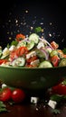 Elevated Greek salad bowl hovers against studio backdrop, fresh ingredients suspended Royalty Free Stock Photo