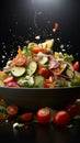 Elevated Greek salad bowl hovers against studio backdrop, fresh ingredients suspended Royalty Free Stock Photo