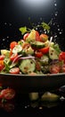 Elevated Greek salad bowl hovers against studio backdrop, fresh ingredients suspended Royalty Free Stock Photo