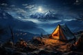 Elevated night campsite Tent perched in mountains, under the moons watchful gaze