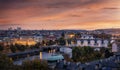 Panorama of the lit cityscape of Prague, Czech Republic during evening time