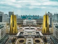 Elevated panoramic city view over Astana in Kazakhstan with Golden Towers aka the Beer Cans and presidential building Ak