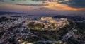 Elevated, panoramic view of the illuminated Acropolis of Athens