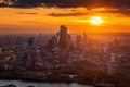 Elevated sunset view of the skyine at the City of London Royalty Free Stock Photo