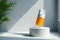 Elevated product, gray backdrop, soft window illumination, defined shadow , platform, clean, shadow