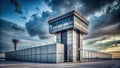 Elevated security structure with perimeter fence under dramatic skies. Generative AI Royalty Free Stock Photo