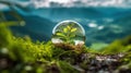 Elevated Serenity: A Captivating Green Plant in a Glass Ball Resting on a Mountain Peak