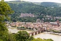 An elevated side view of the castle of Heidelberg in Germany with the town, river and bridge below