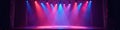 Elevated stage with complex lighting rig, colorful spotlights , bright, music, show