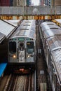 Elevated Subway Arrival in Urban Chicago with Converging Tracks Royalty Free Stock Photo