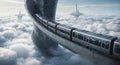 Futuristic aerial transport system with elevated train cars traversing a cloud filled sky with architectural struct Royalty Free Stock Photo