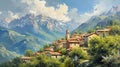 Elevated Tranquility: Majestic Italian Mountain Village Painting