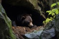 an elevated view of a bear hibernating in a cave