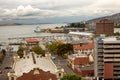 Elevated view of city buildings of Hobart, capital city of Tasmania, looking towards the Derwent River