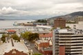 Elevated view of city buildings of Hobart, capital city of Tasmania, looking towards the Derwent River Royalty Free Stock Photo