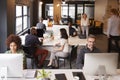 Elevated view of creative business colleagues working in a busy office Royalty Free Stock Photo