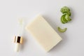 elevated view of dropper, soap and aloe vera slices on white surface