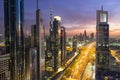 Elevated view at dusk over Dubai & Sheikh Zayed Road