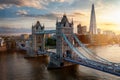 Elevated view of the famous Tower Bridge and skyline of London, UK