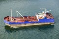 Elevated view of freighter ship in Estacio Maritima, Port Vell, Old harbor of Barcelona, Spain