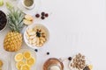 Elevated view fresh healthy breakfast white background. High quality and resolution beautiful photo concept Royalty Free Stock Photo