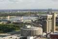 Elevated view of Interstate 55 highway and MacArther Bridge over Mississippi into St. Louis, Missouri