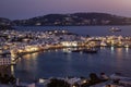 Elevated view of Mykonos island during summer dusk time