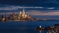 New York City Financial District skyscrapers at twilight with Hudson River. Lower Manhattan and World Trade Center. Manhattan Royalty Free Stock Photo