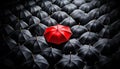 One Bright Red Umbrella in the Center of a Large Group of Black Umbrellas - Generative Ai Royalty Free Stock Photo
