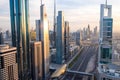 Elevated view over Downtown & Sheikh Zayed Road looking towards the Burj Kalifa, Dubai, United Arab Emirates, UAE