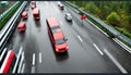 Elevated view over the front driving red car through the covered with