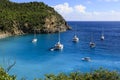 Elevated view of pleasure craft at anchor in a pretty turquoise bay at Shell Beach near Gustavia in St Barth