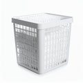 Elevated view of a rectangular white laundry basket brimming with clothes on white background Royalty Free Stock Photo